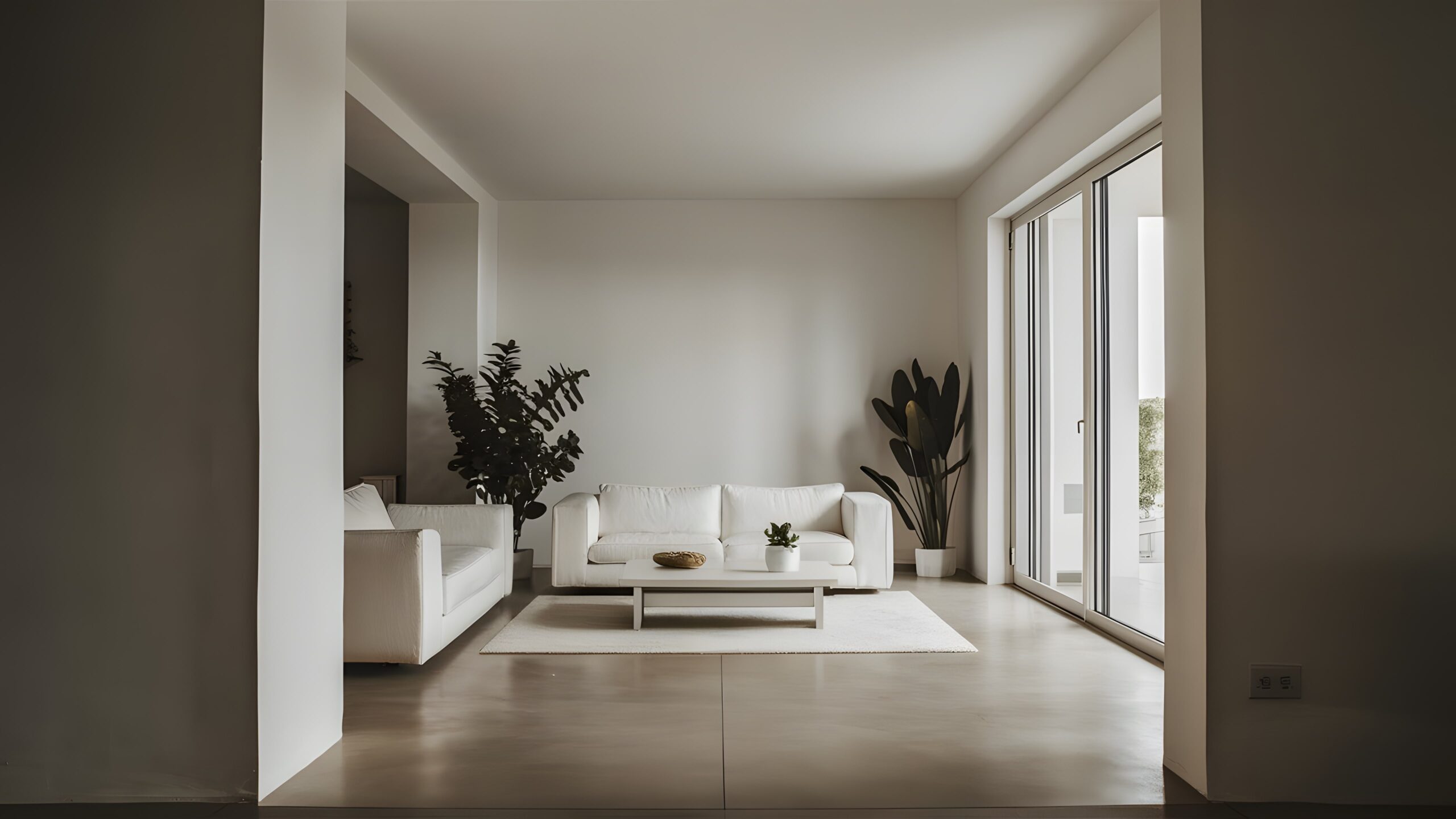 A minimalist living room with polished floors and white sofas, a 'quiet luxury' example of 2026 home design trends