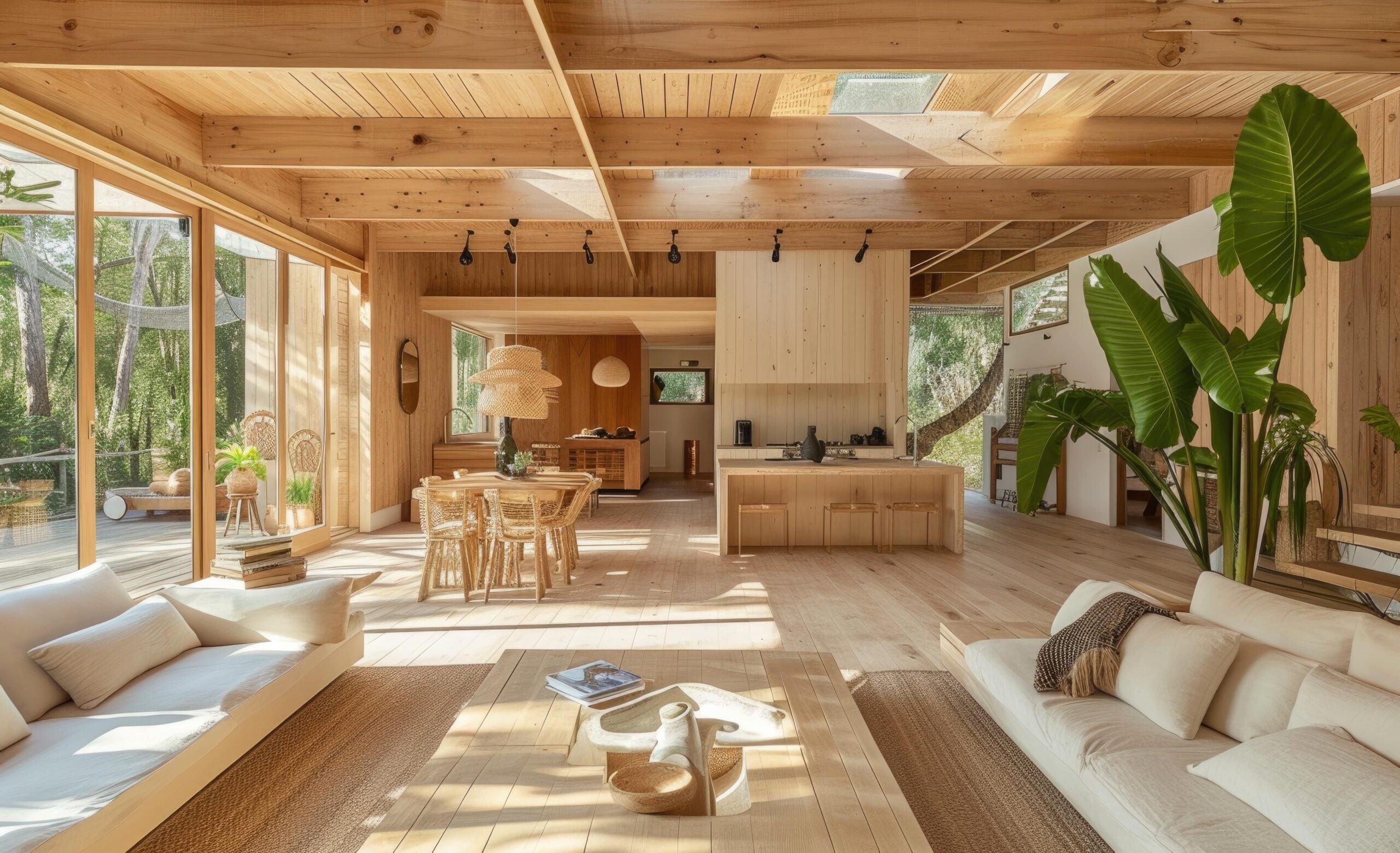 A bright, open-plan living space with light wood walls, floors, and beams, demonstrating the natural material 2026 home design trends.